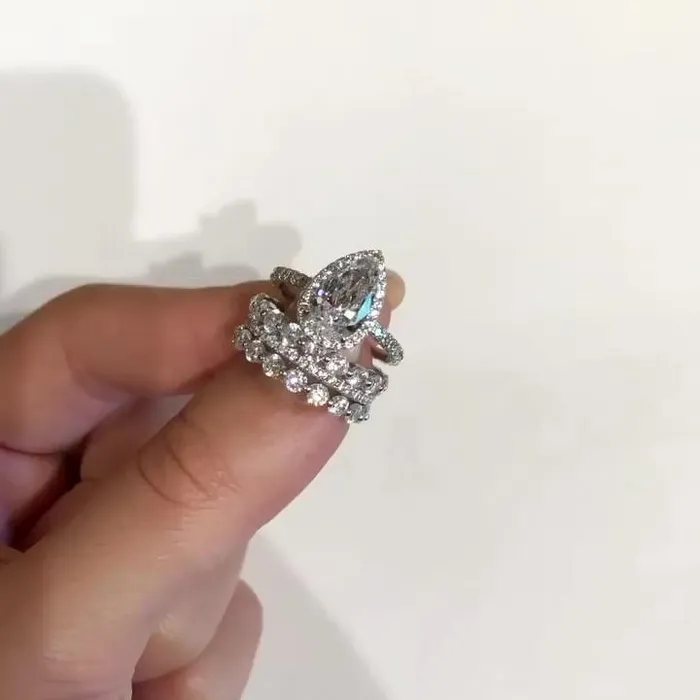 4PCS Pear Cut Wedding Bridal Set In Sterling Silver Shineofdiamond Rings