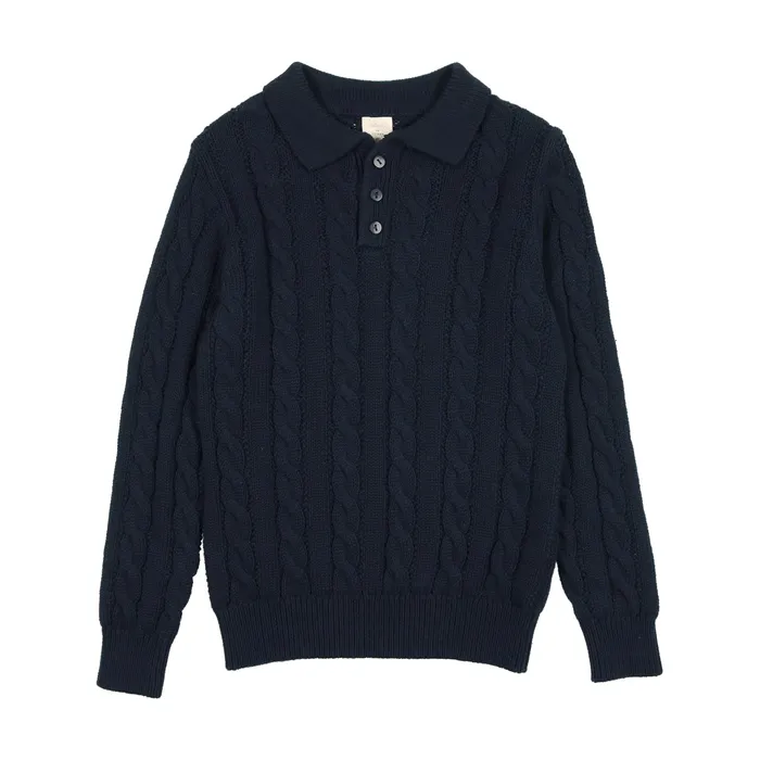 Analogie Analogie Cable Knit Long Sleeve Polo Navy Earrings