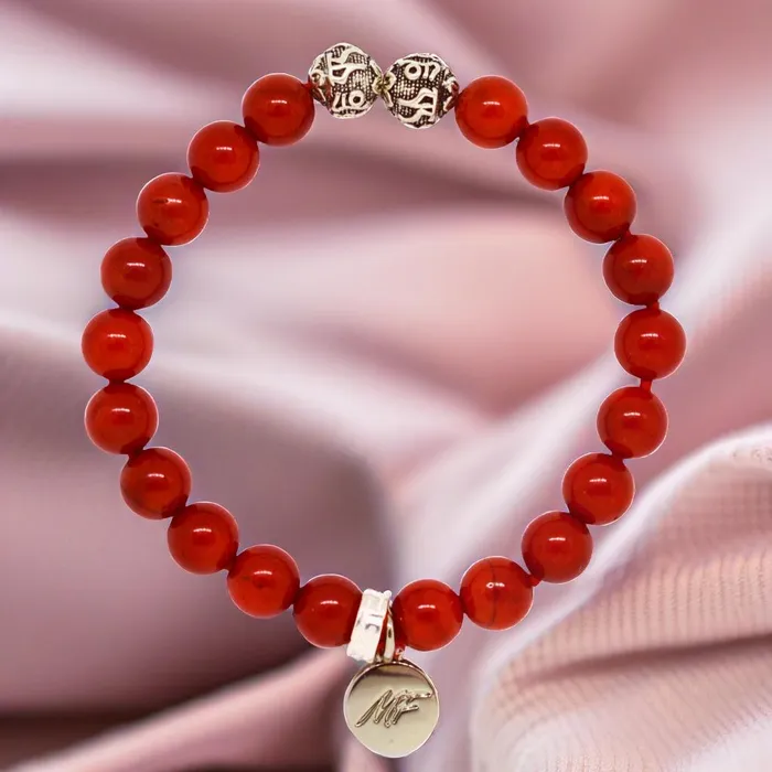 MF Bracelets Red Coral Stone Silver Bead Bracelet 8 MM