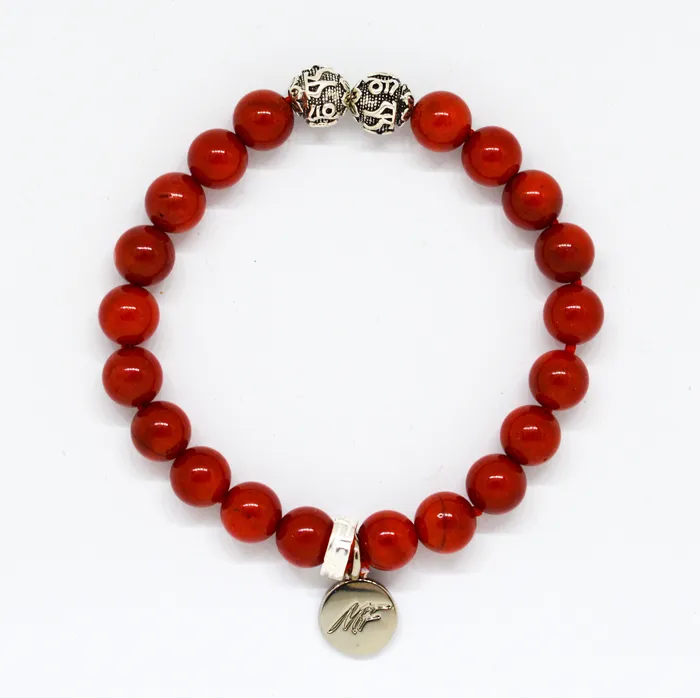 MF Bracelets Red Coral Stone Silver Bead Bracelet 8 MM