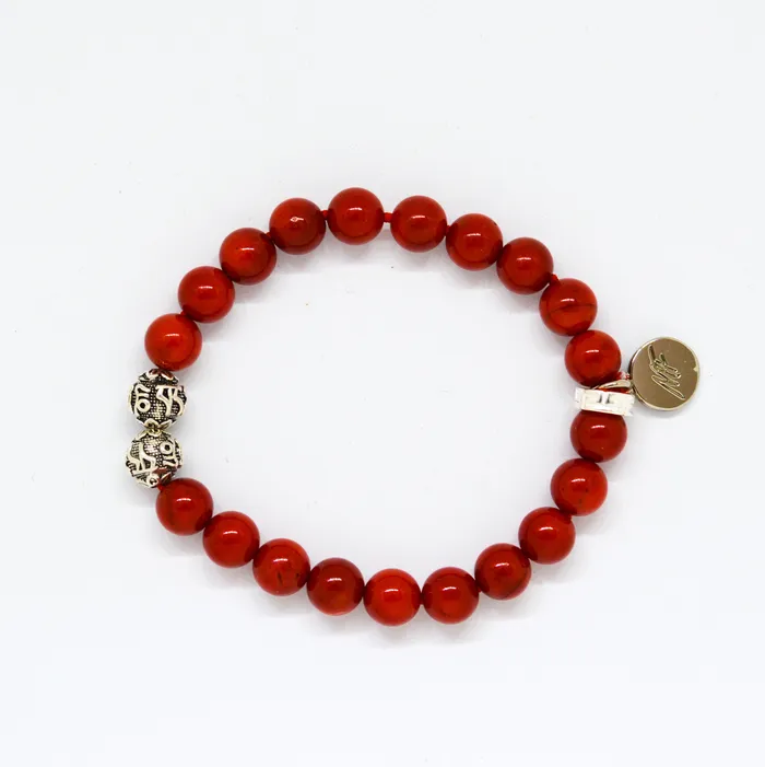 MF Bracelets Red Coral Stone Silver Bead Bracelet 8 MM