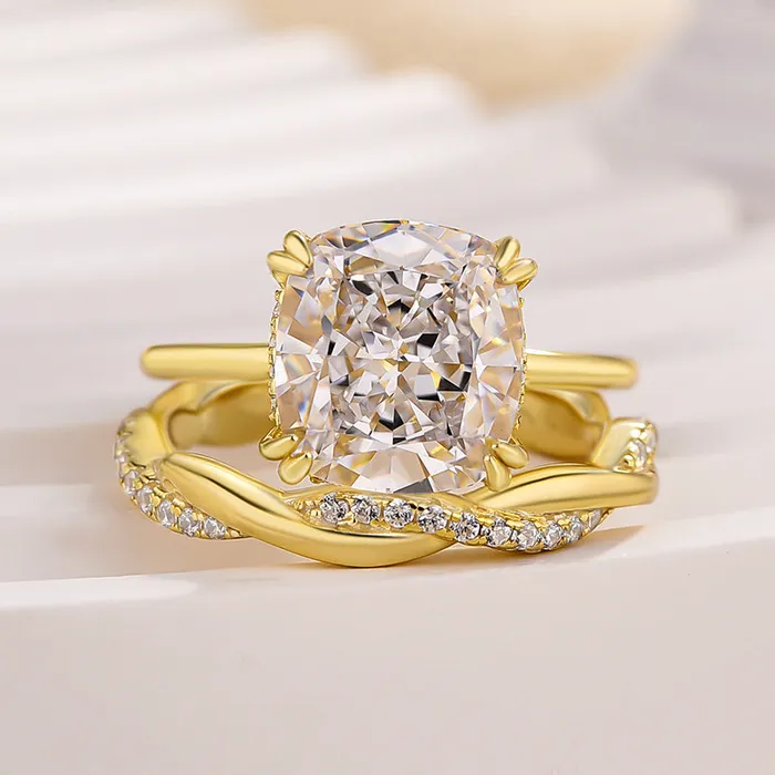 Shineofdiamond Rings 2pcs Cushion Cut Twisted Bridal Ring Set In Sterling Silver