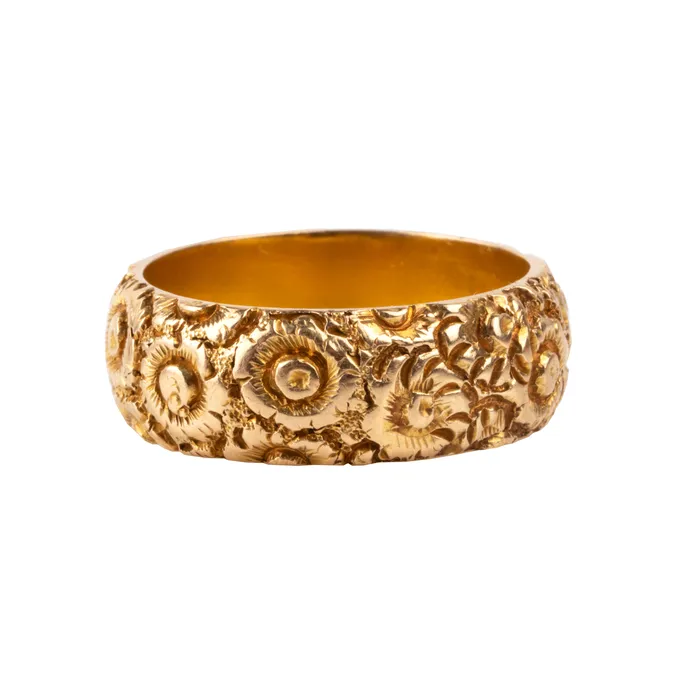Bell Bird Antiques Rings Victorian Era Wide Chased Gold Band