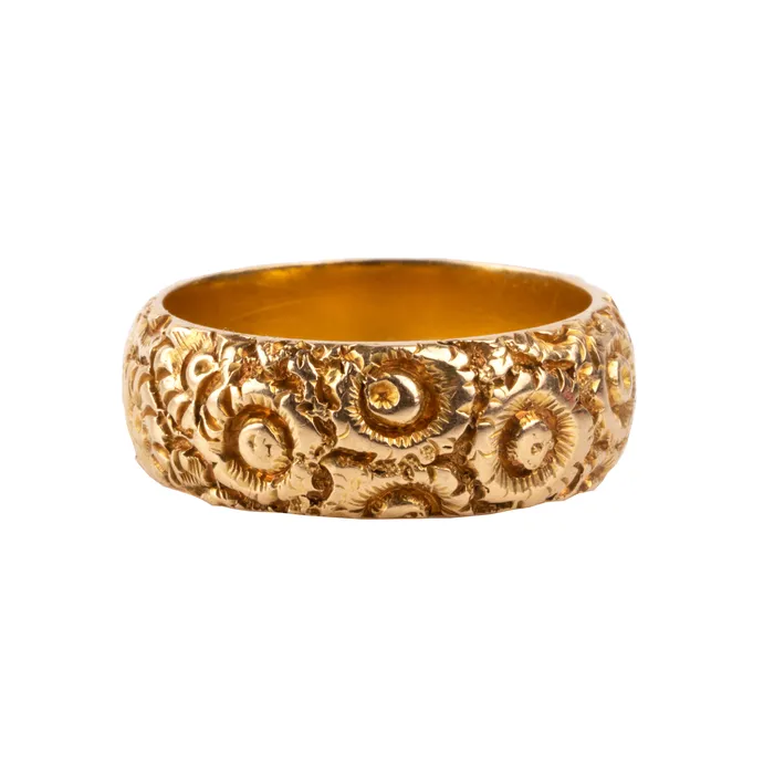 Bell Bird Antiques Rings Victorian Era Wide Chased Gold Band