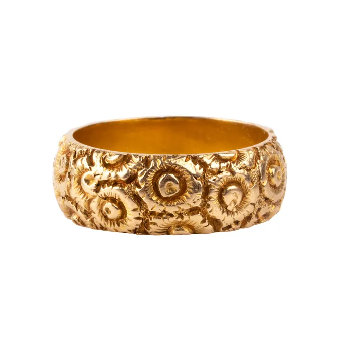Bell Bird Antiques Rings Victorian Era Wide Chased Gold Band