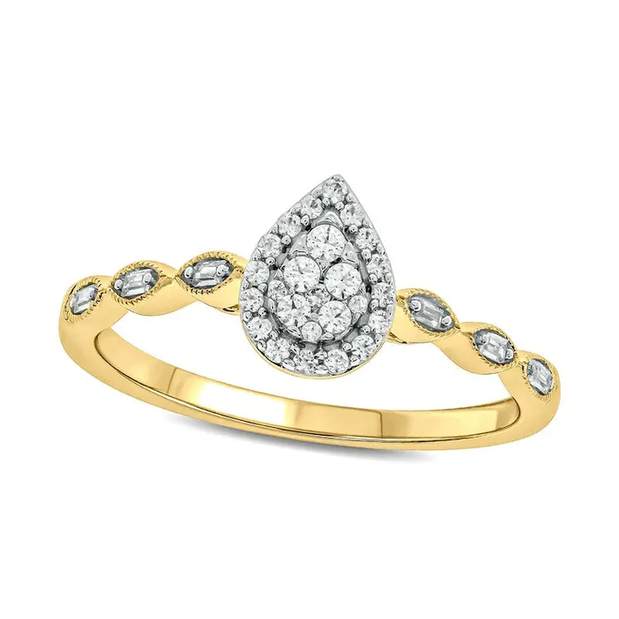 020 CT TW Composite Baguette and Round Natural Diamond PearShaped Frame Scallop Shank Promise Ring in Solid 10K Yellow Gold Goldia Rings 020 CT TW Composite Baguette and Round Natural Diamond PearShaped Frame Scallop Shank Promise Ring in Solid 10K Yellow Gold Goldia Rings