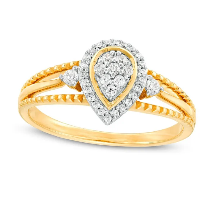 020 CT TW Composite Natural Diamond PearShaped Frame Antique VintageStyle Split Shank Promise Ring in Solid 10K Yellow Gold Goldia Rings