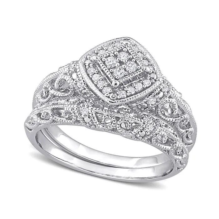 020 CT TW Natural Diamond Tilted Cushion Frame Antique VintageStyle Bridal Engagement Ring Set in Sterling Silver Goldia Rings 020 CT TW Natural Diamond Tilted Cushion Frame Antique VintageStyle Bridal Engagement Ring Set in Sterling Silver Goldia Rings