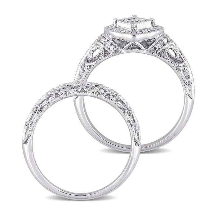 020 CT TW Natural Diamond Tilted Cushion Frame Antique VintageStyle Bridal Engagement Ring Set in Sterling Silver Goldia Rings 020 CT TW Natural Diamond Tilted Cushion Frame Antique VintageStyle Bridal Engagement Ring Set in Sterling Silver Goldia Rings