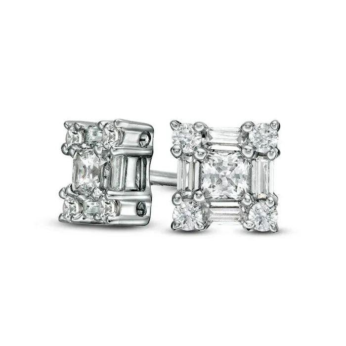 05 CT TW PrincessCut Diamond Art Deco Frame Stud Earrings in 14K White Gold Goldia Earrings 05 CT TW PrincessCut Diamond Art Deco Frame Stud Earrings in 14K White Gold Goldia Earrings