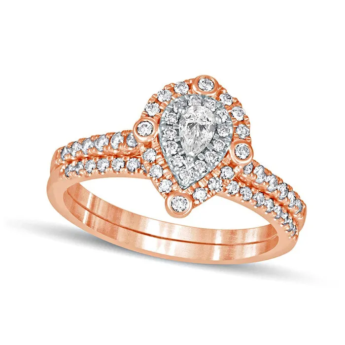 063 CT TW PearShaped Natural Diamond Double Frame Bridal Engagement Ring Set in Solid 10K Rose Gold Goldia Rings 063 CT TW PearShaped Natural Diamond Double Frame Bridal Engagement Ring Set in Solid 10K Rose Gold Goldia Rings