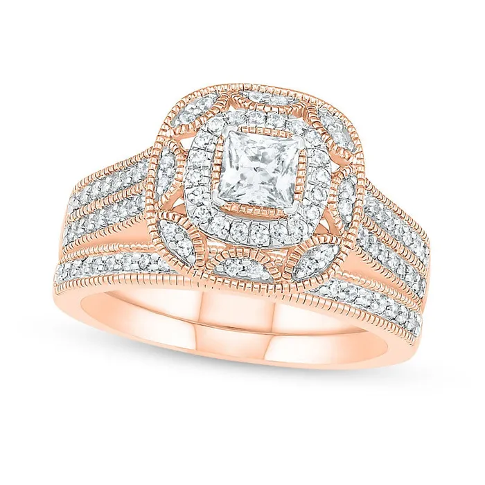 075 CT TW PrincessCut Natural Diamond Double Cushion Frame Antique VintageStyle Bridal Engagement Ring Set in Solid 10K Rose Gold Goldia Rings 075 CT TW PrincessCut Natural Diamond Double Cushion Frame Antique VintageStyle Bridal Engagement Ring Set in Solid 10K Rose Gold Goldia Rings