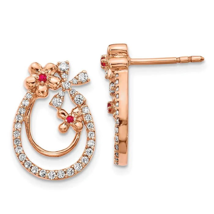 14k Rose Gold Real Diamond Ruby Flower Earrings Goldia Earrings