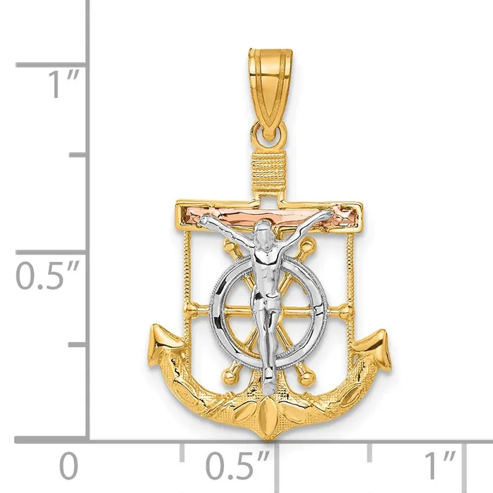 14k TriColor Gold Diamondcut wTextured Mariners Cross Pendant Goldia Necklaces