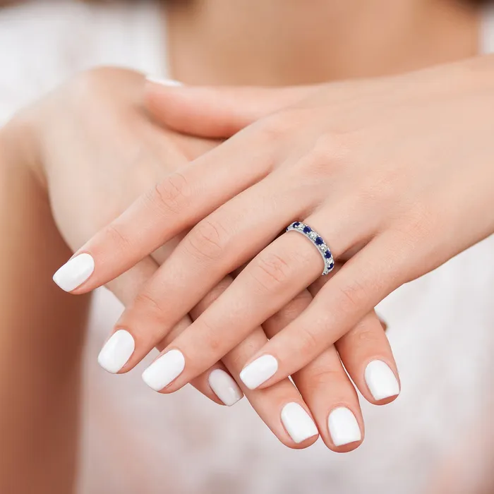 14k White Gold 1 15 Ct Lab Grown Diamond VSSI G and Lab Created Blue Sapphire Eternity Band Ring Goldia Rings