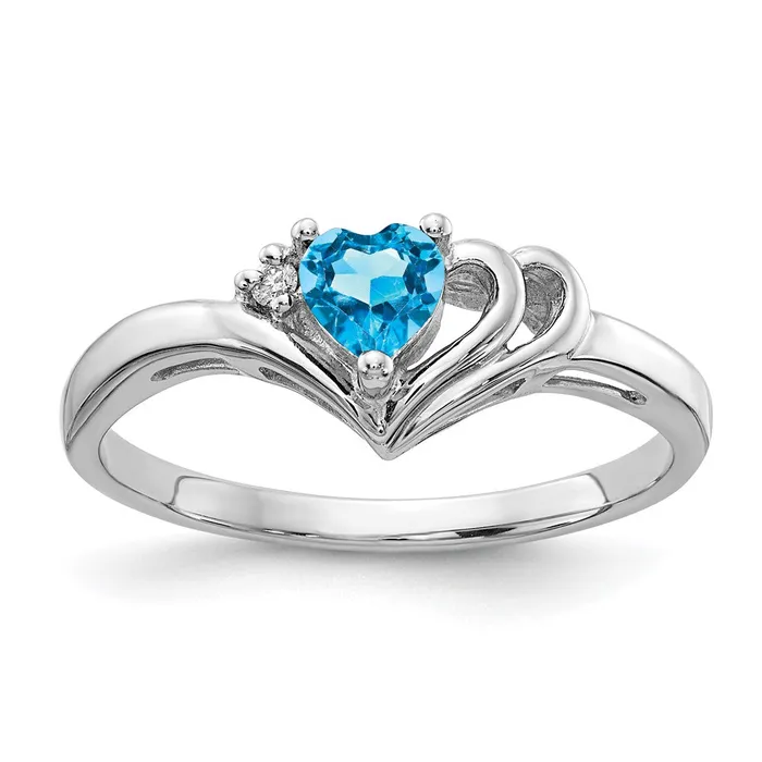 14k White Gold 4mm Heart Blue Topaz VS Diamond ring Goldia Rings