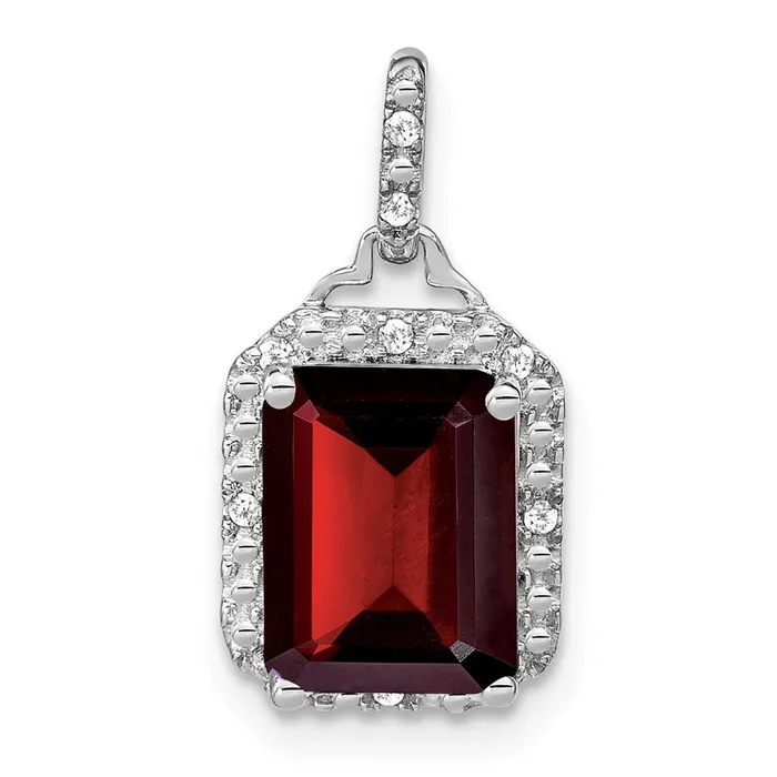 14k White Gold Emeraldcut Garnet and Real Diamond Halo Pendant Goldia Necklaces 14k White Gold Emeraldcut Garnet and Real Diamond Halo Pendant Goldia Necklaces