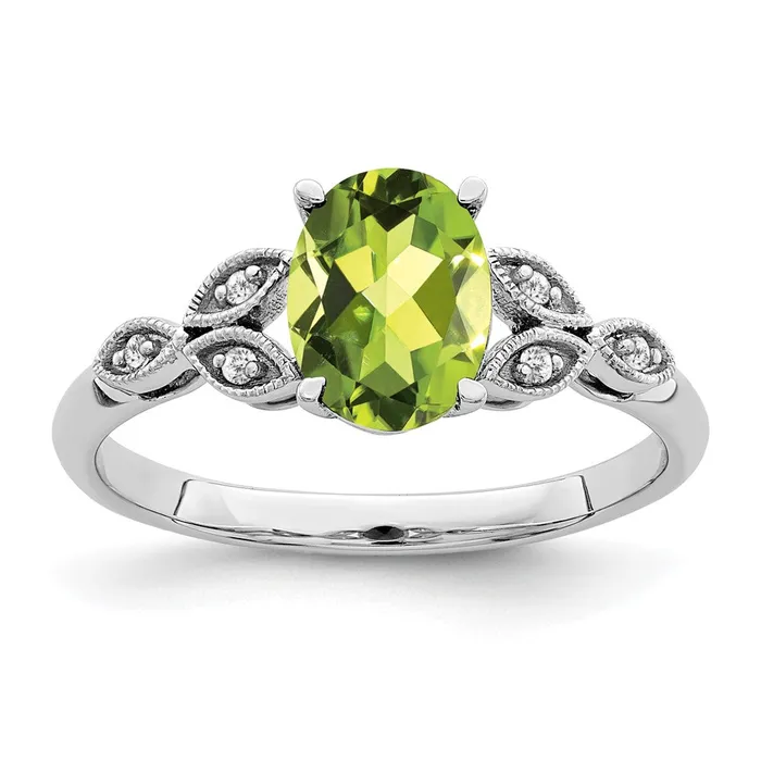 14k White Gold Oval Peridot and Real Diamond Ring Goldia Rings