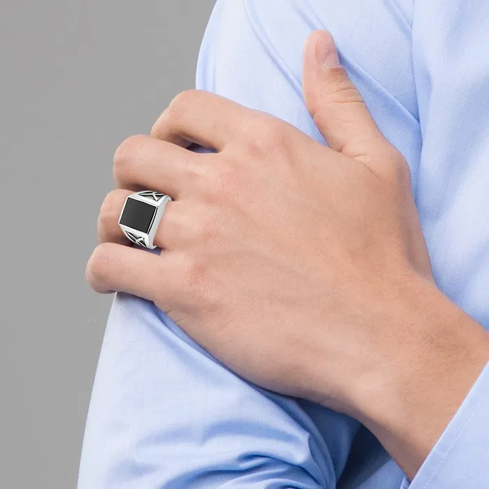 14k White Gold with Black Rhodium Mens Onyx Complete Ring Goldia Rings