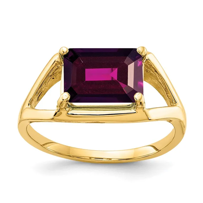 14k Yellow Gold 9x7mm Emerald Cut Rhodolite Garnet ring Goldia Rings