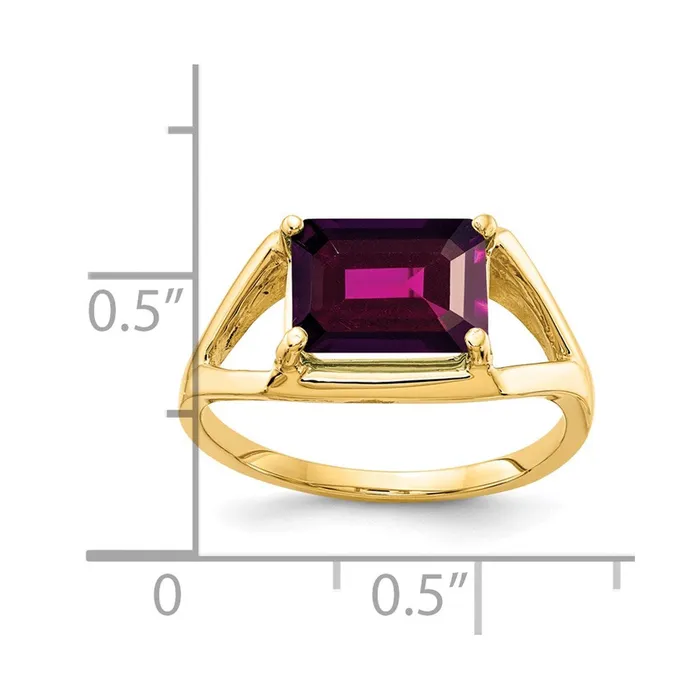 14k Yellow Gold 9x7mm Emerald Cut Rhodolite Garnet ring Goldia Rings