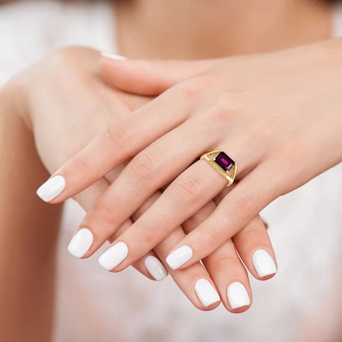 14k Yellow Gold 9x7mm Emerald Cut Rhodolite Garnet ring Goldia Rings