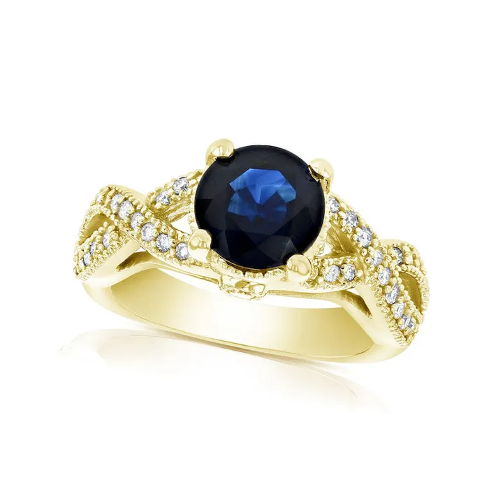 80mm Blue Sapphire and 038 CT TW Natural Diamond Twist Shank Antique VintageStyle Engagement Ring in Solid 14K Gold Goldia Rings 80mm Blue Sapphire and 038 CT TW Natural Diamond Twist Shank Antique VintageStyle Engagement Ring in Solid 14K Gold Goldia Rings