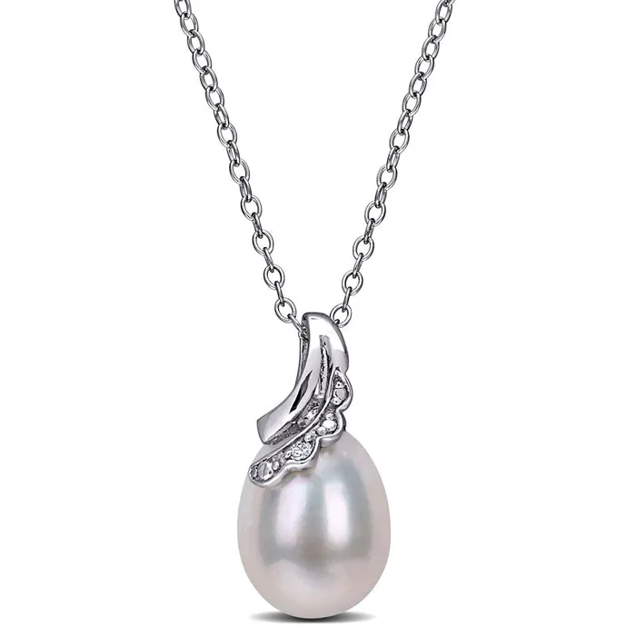 8590mm Oval Cultured Freshwater Pearl and Natural Diamond Accent Scallop Ribbon Overlay Swirl Pendant in Sterling Silver Goldia Necklaces 8590mm Oval Cultured Freshwater Pearl and Natural Diamond Accent Scallop Ribbon Overlay Swirl Pendant in Sterling Silver Goldia Necklaces