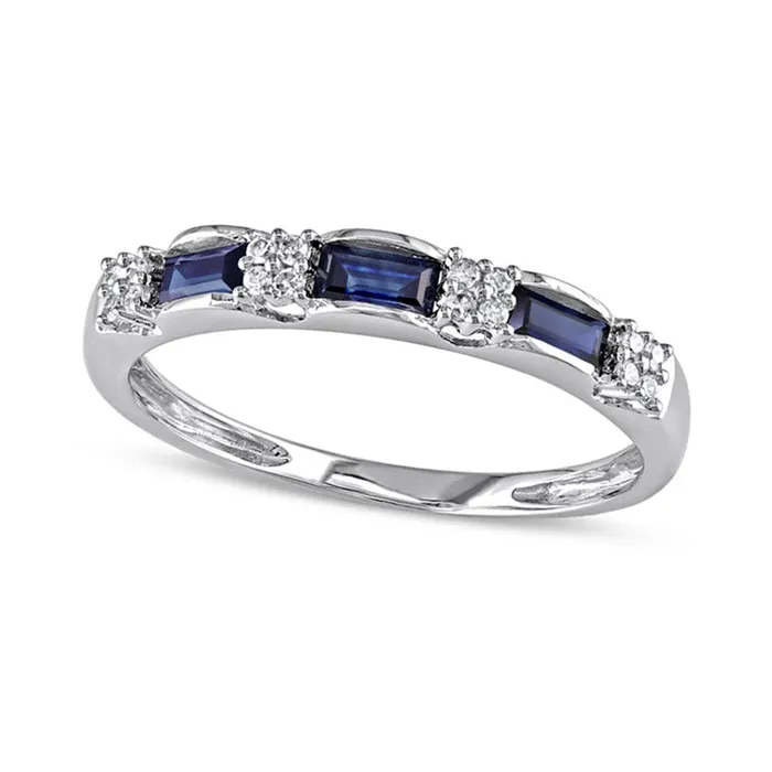 Baguette Blue Sapphire and Natural Diamond Accent Three Stone Band in Solid 10K White Gold Goldia Rings Baguette Blue Sapphire and Natural Diamond Accent Three Stone Band in Solid 10K White Gold Goldia Rings