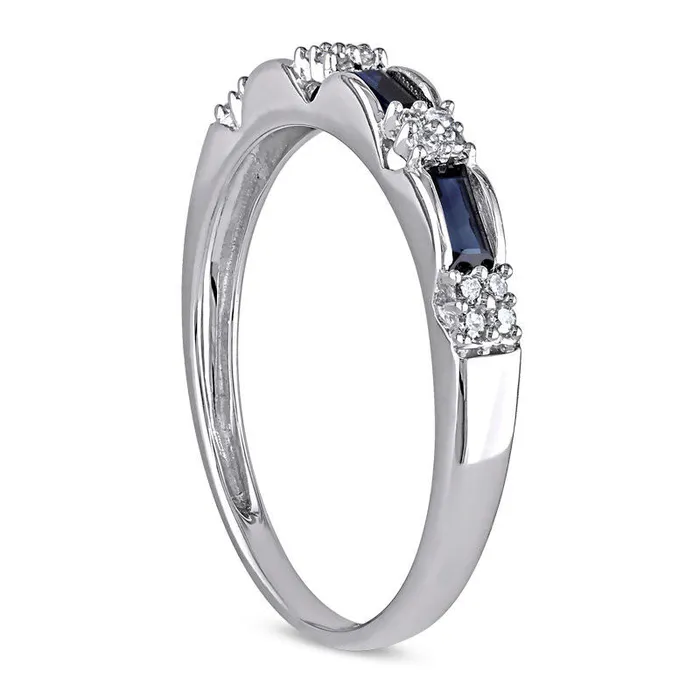 Baguette Blue Sapphire and Natural Diamond Accent Three Stone Band in Solid 10K White Gold Goldia Rings Baguette Blue Sapphire and Natural Diamond Accent Three Stone Band in Solid 10K White Gold Goldia Rings