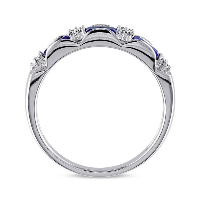 Baguette Blue Sapphire and Natural Diamond Accent Three Stone Band in Solid 10K White Gold Goldia Rings Baguette Blue Sapphire and Natural Diamond Accent Three Stone Band in Solid 10K White Gold Goldia Rings