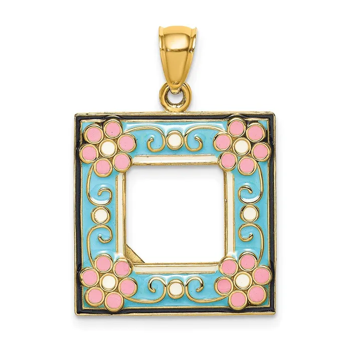 Charm Necklaces Goldia 14k Yellow Gold w Enamel Aqua Floral Picture Frame Charm