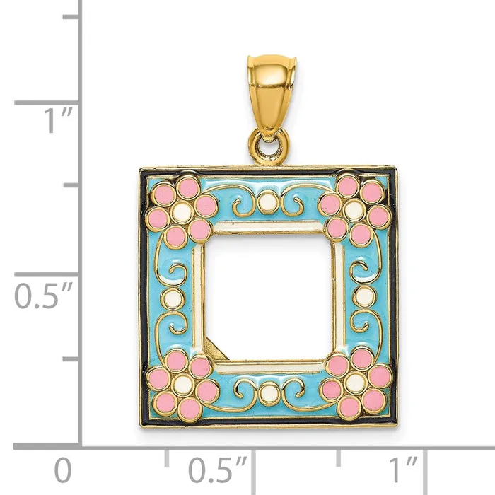 Charm Necklaces Goldia 14k Yellow Gold w Enamel Aqua Floral Picture Frame Charm