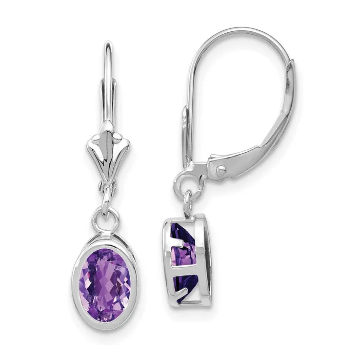 Earrings 14k White Gold 7x5mm Oval Amethyst Leverback Earrings Goldia