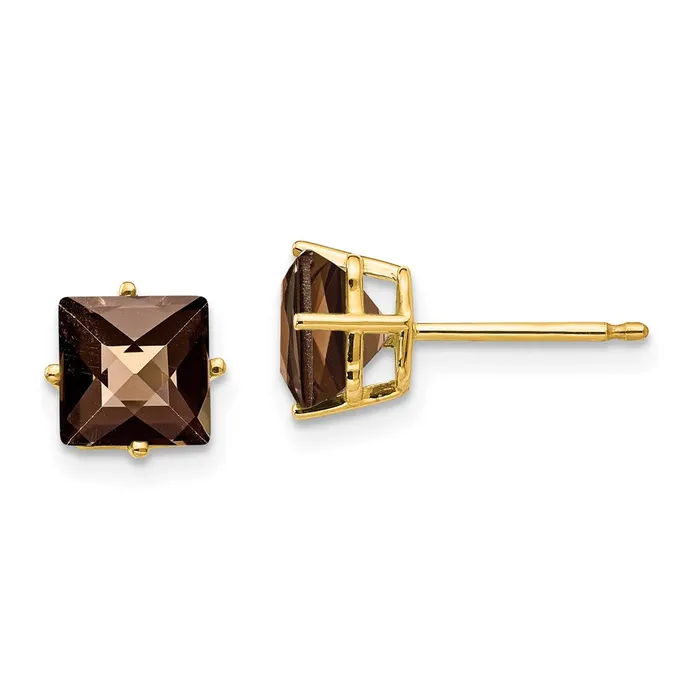 Earrings 14k Yellow Gold 6mm Square CheckerCut Smok Yellow Gold Quartz Earrings Goldia