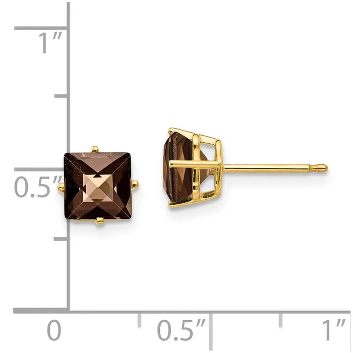 Earrings 14k Yellow Gold 6mm Square CheckerCut Smok Yellow Gold Quartz Earrings Goldia