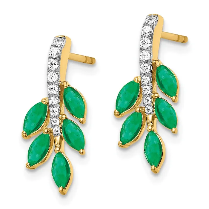 Earrings Goldia Solid 14k Yellow Gold Simulated Emerald and CZ Leaf Earrings