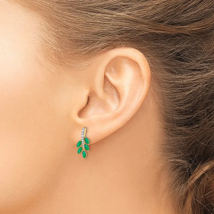 Earrings Goldia Solid 14k Yellow Gold Simulated Emerald and CZ Leaf Earrings