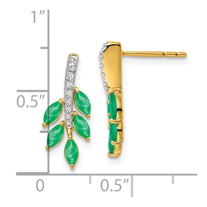 Earrings Goldia Solid 14k Yellow Gold Simulated Emerald and CZ Leaf Earrings