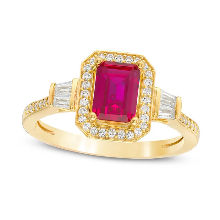 EmeraldCut LabCreated Ruby and 025 CT TW Diamond Frame Ring in Solid 10K Yellow Gold Goldia Rings EmeraldCut LabCreated Ruby and 025 CT TW Diamond Frame Ring in Solid 10K Yellow Gold Goldia Rings
