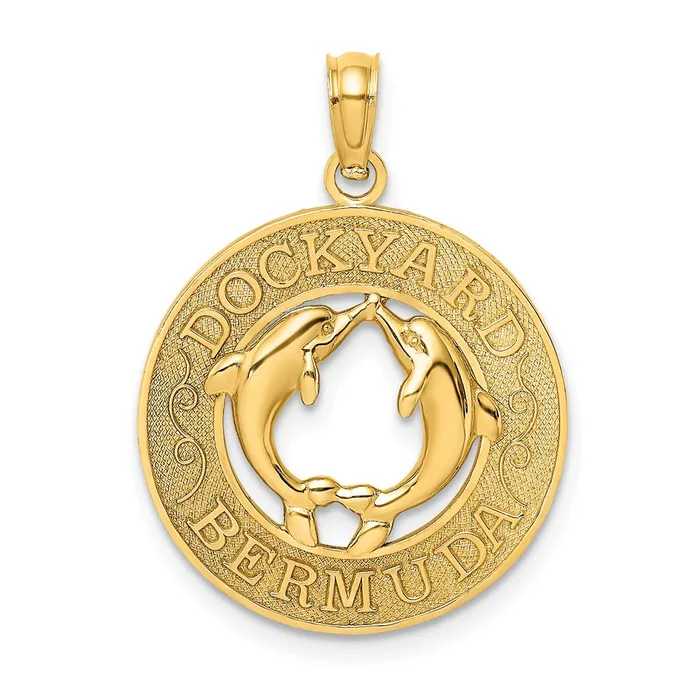 Goldia 14k Yellow Gold DOCKYARD BERMUDA Round Frame w Dolphins Charm Charm Necklaces Goldia 14k Yellow Gold DOCKYARD BERMUDA Round Frame w Dolphins Charm Charm Necklaces