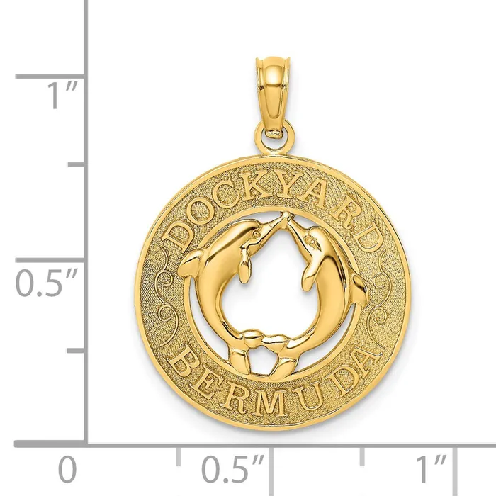 Goldia 14k Yellow Gold DOCKYARD BERMUDA Round Frame w Dolphins Charm Charm Necklaces