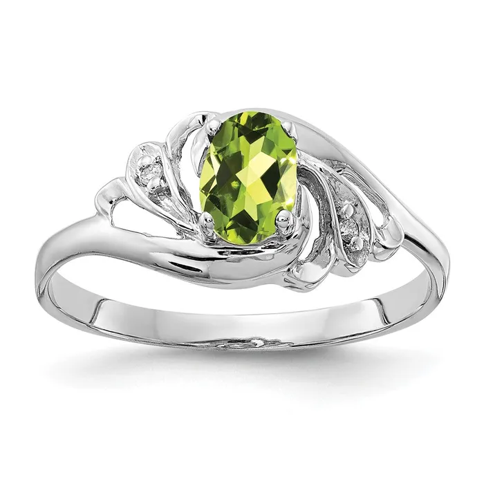 Goldiacom Rings 14k White Gold 6x4mm Oval Peridot AA Real Diamond ring