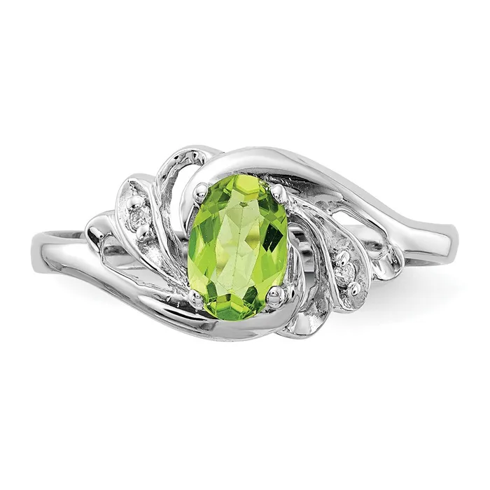 Goldiacom Rings 14k White Gold 6x4mm Oval Peridot AA Real Diamond ring