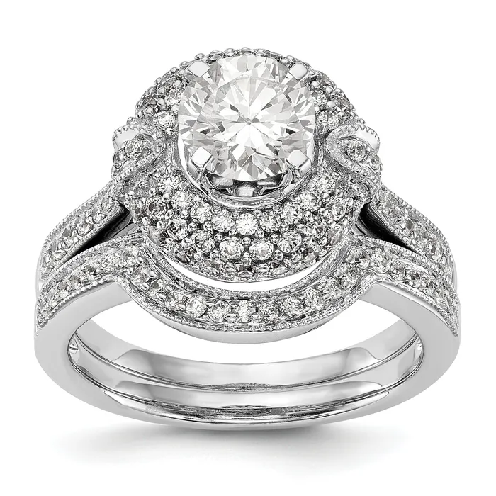 Goldiacom Rings 14K White Gold Peg Set Simulated Diamond Halo Engagement Ring
