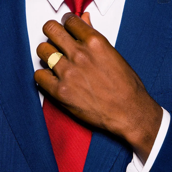 Goldiacom Rings 14K Yellow Gold 120x110mm Open Back AA Real Diamond Mens Signet Ring