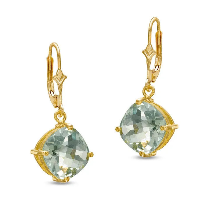 Goldia Earrings 100mm CushionCut Green Quartz Drop Earrings in 10K Gold