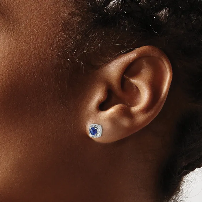 Goldia Earrings 14k White Gold 15 Ct Lab Grown Diamond VSSI G and Created Sapphire Square Halo Post Earrings