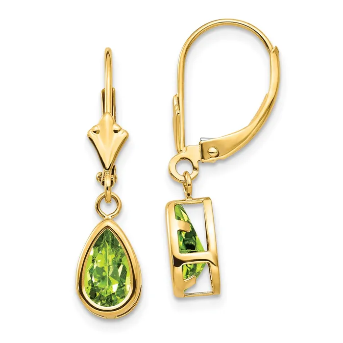 Goldia Earrings 14k Yellow Gold 8x5mm Pear Peridot Leverback Earrings