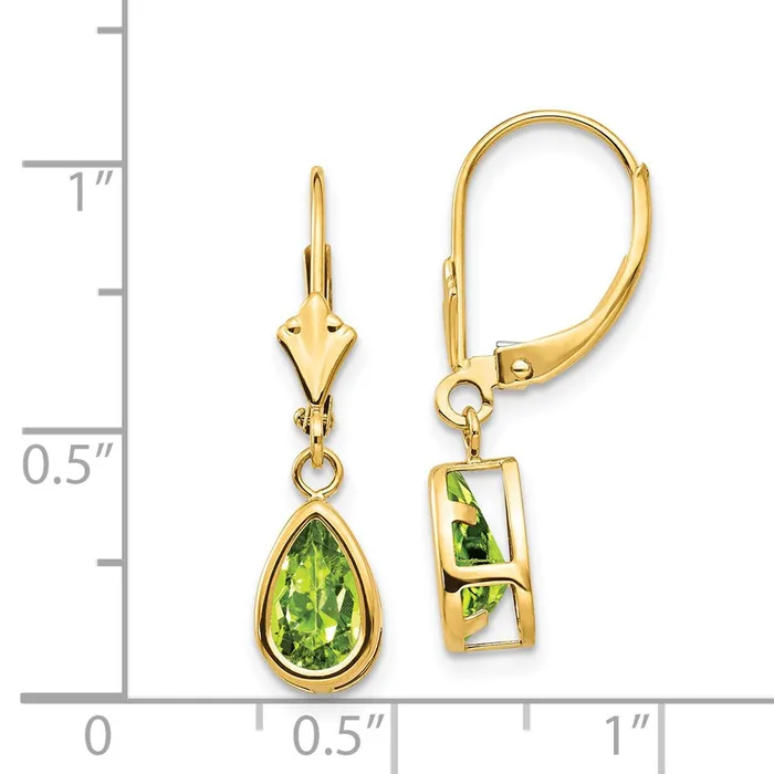 Goldia Earrings 14k Yellow Gold 8x5mm Pear Peridot Leverback Earrings